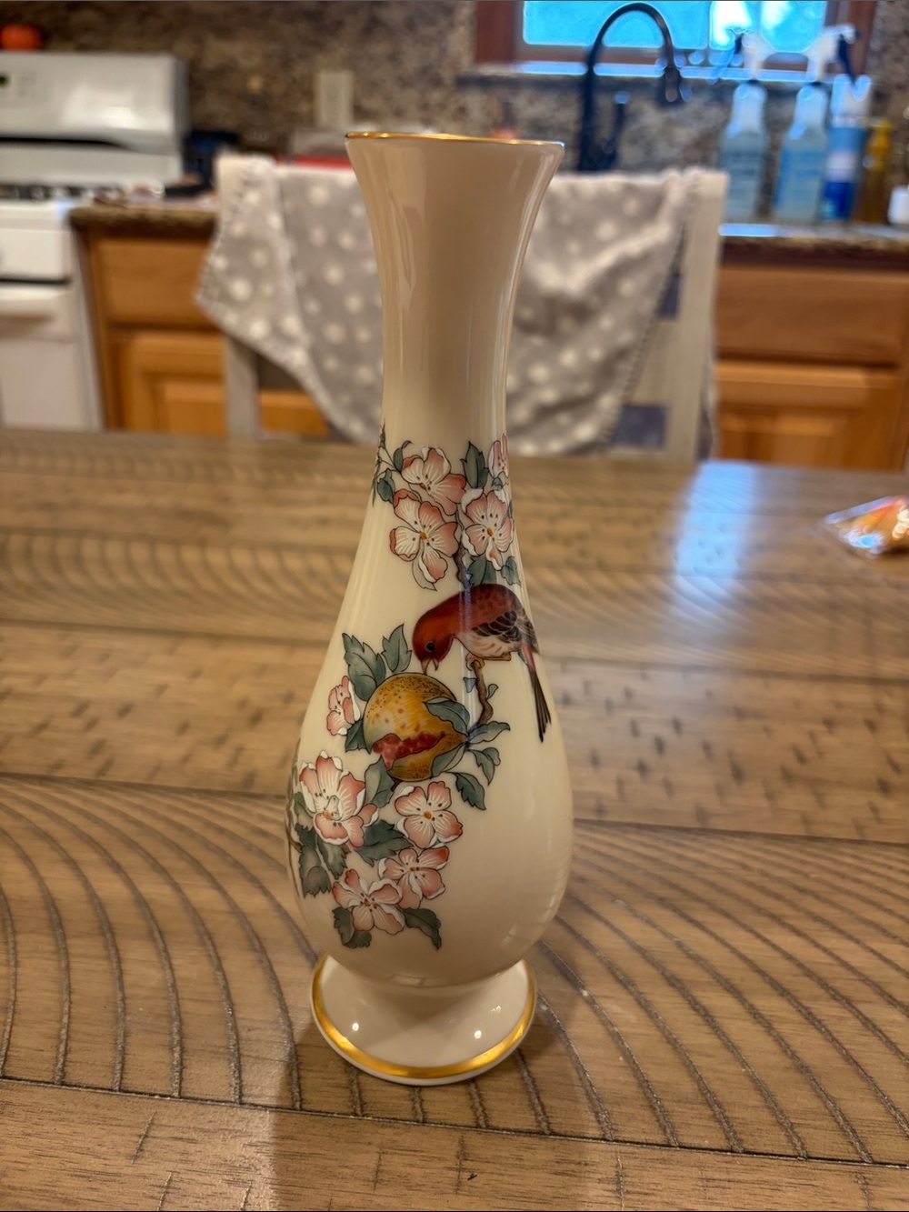 Lenox Cream Bud Vase with Bird and Floral Motif and Gold Trim Serenade